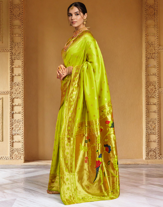 Lime Green Color Silk Weaving Work Paithani Saree