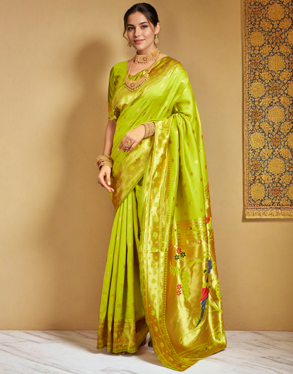 Lime Green Color Silk Weaving Work Paithani Saree