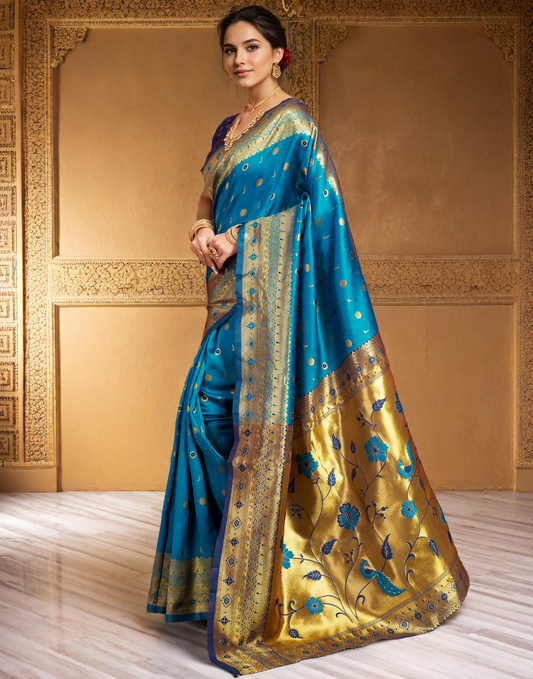 Aqua Color Silk Weaving Work Paithani Traditional Saree