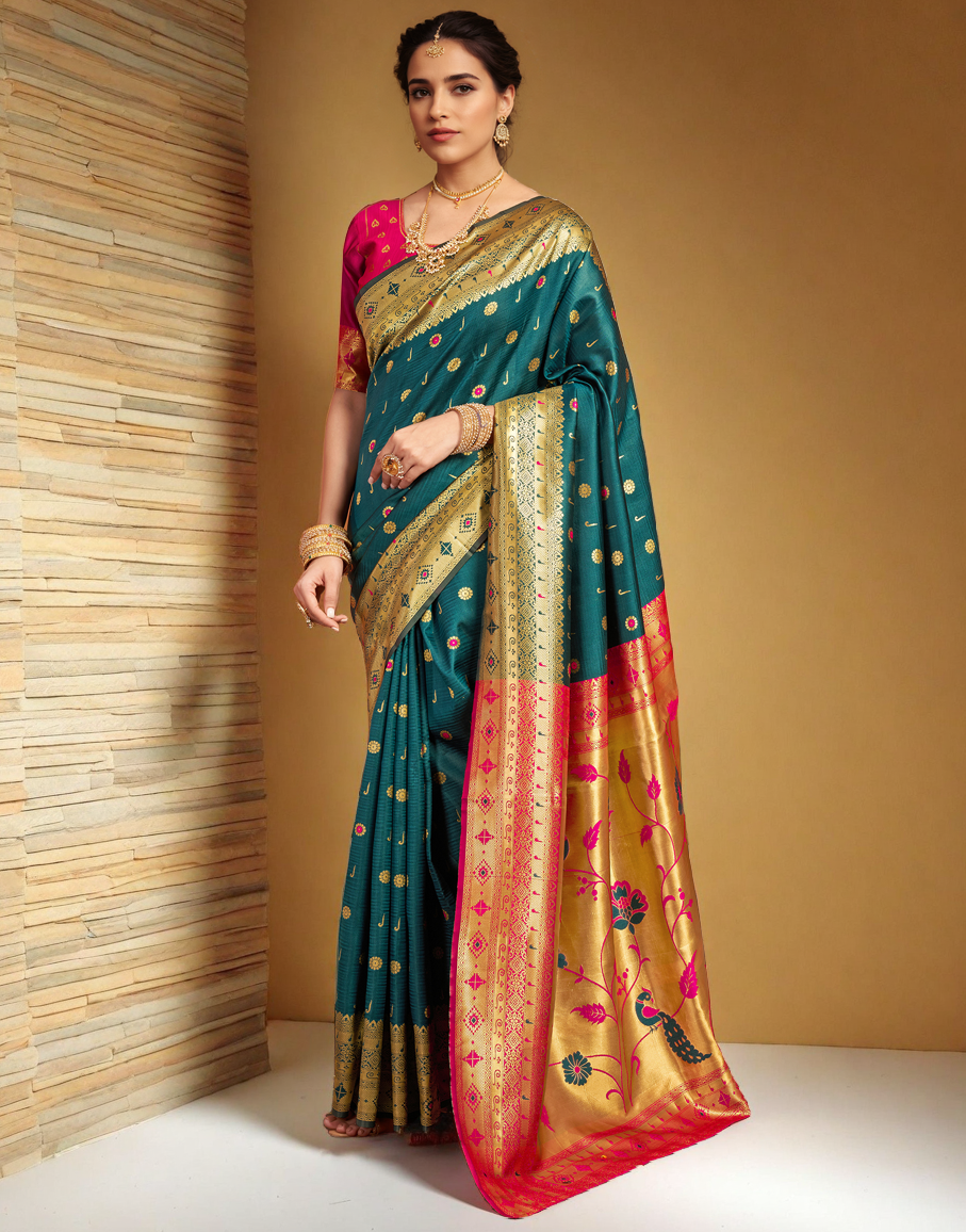 Teal Color Silk Weaving Work Paithani Traditional Saree