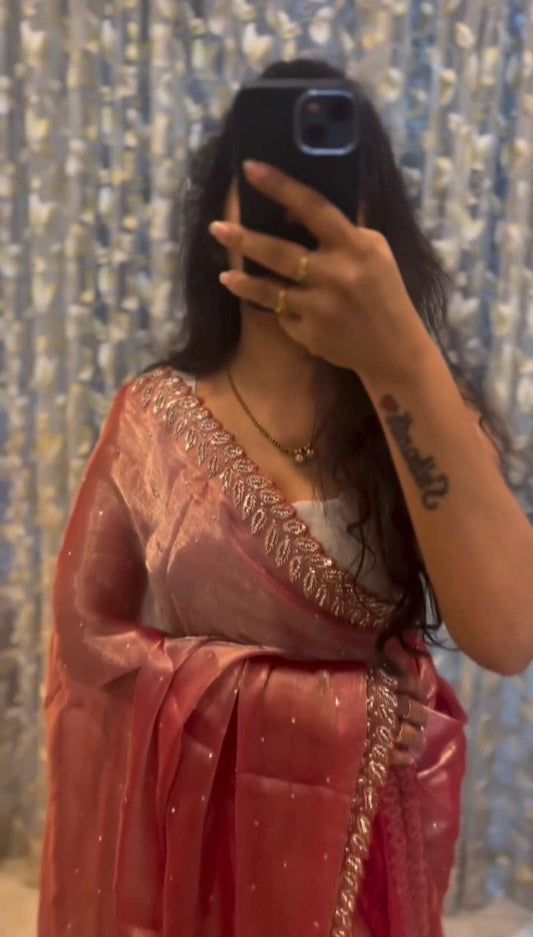 Jimmy Choo Silk Stone Work Party Wear Saree (Peach)