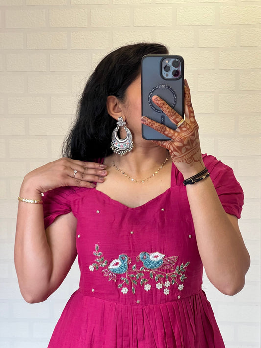 New Pink Color Pure Mul Cotton Hand Maggam work Kurti