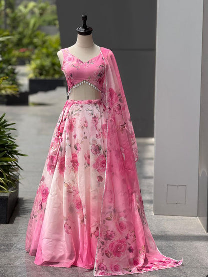 Party Wear Lehenga Choli – Pink Pure Organza | Anarkalion