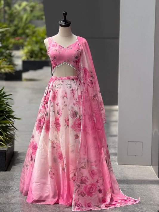 Party Wear Lehenga Choli – Pink Pure Organza | Anarkalion