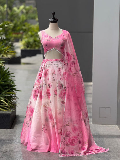 Party Wear Lehenga Choli – Pink Pure Organza | Anarkalion