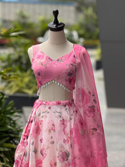 Party Wear Lehenga Choli – Pink Pure Organza | Anarkalion