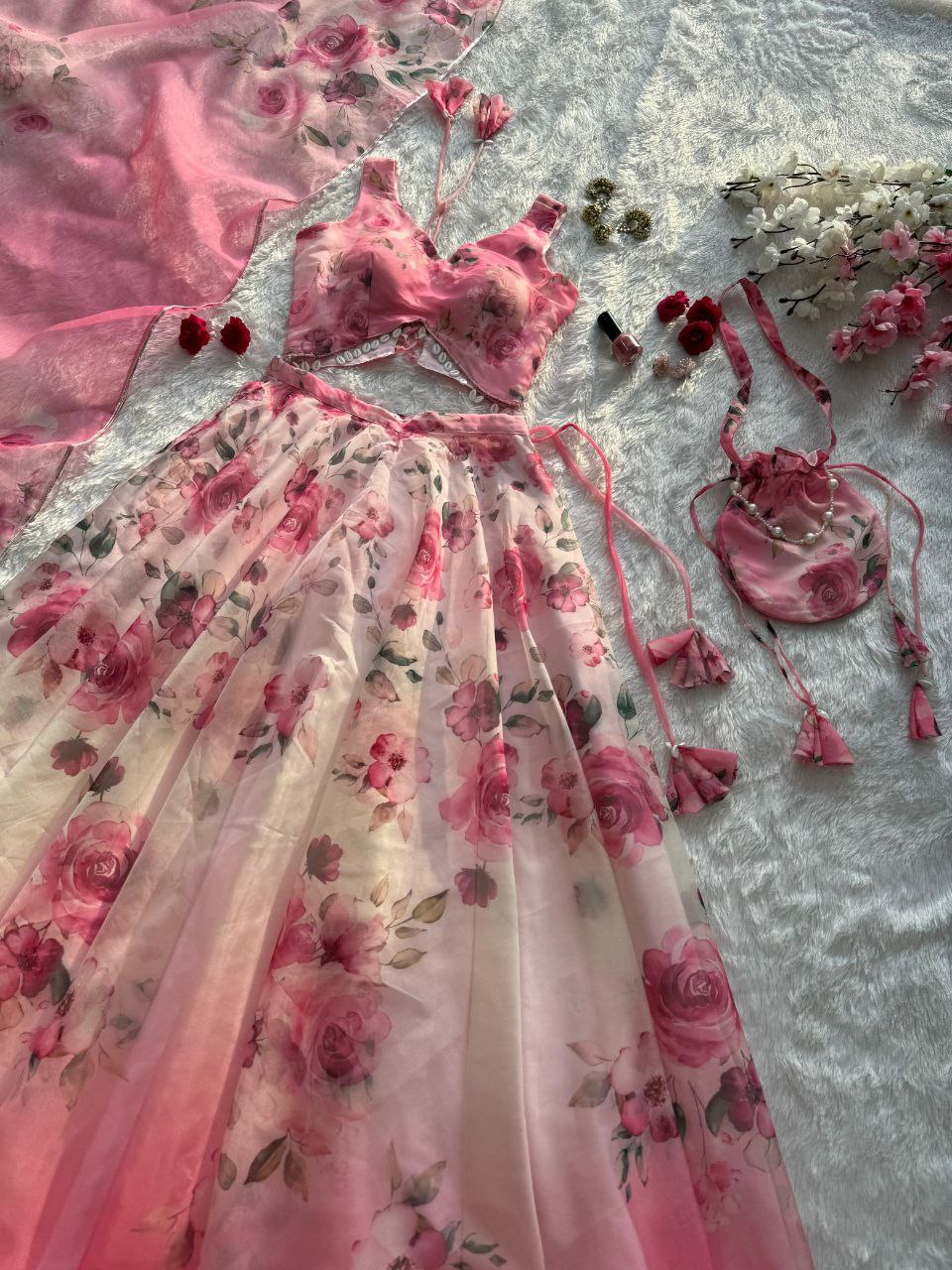 Party Wear Lehenga Choli – Pink Pure Organza | Anarkalion