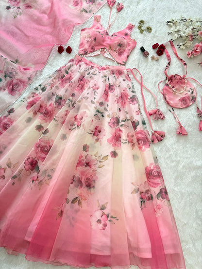 Party Wear Lehenga Choli – Pink Pure Organza | Anarkalion