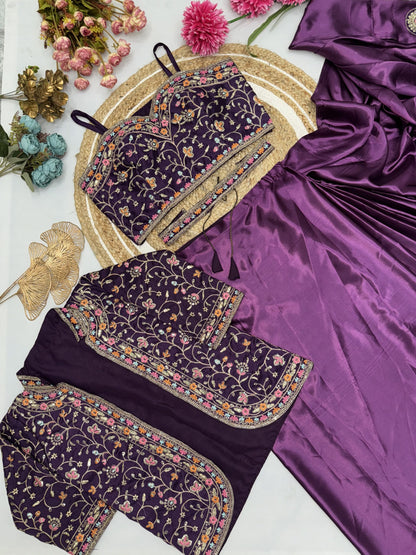 Unique Ready To Wear Satin Silk Saree Stitched Blouse & Koti (Purple)
