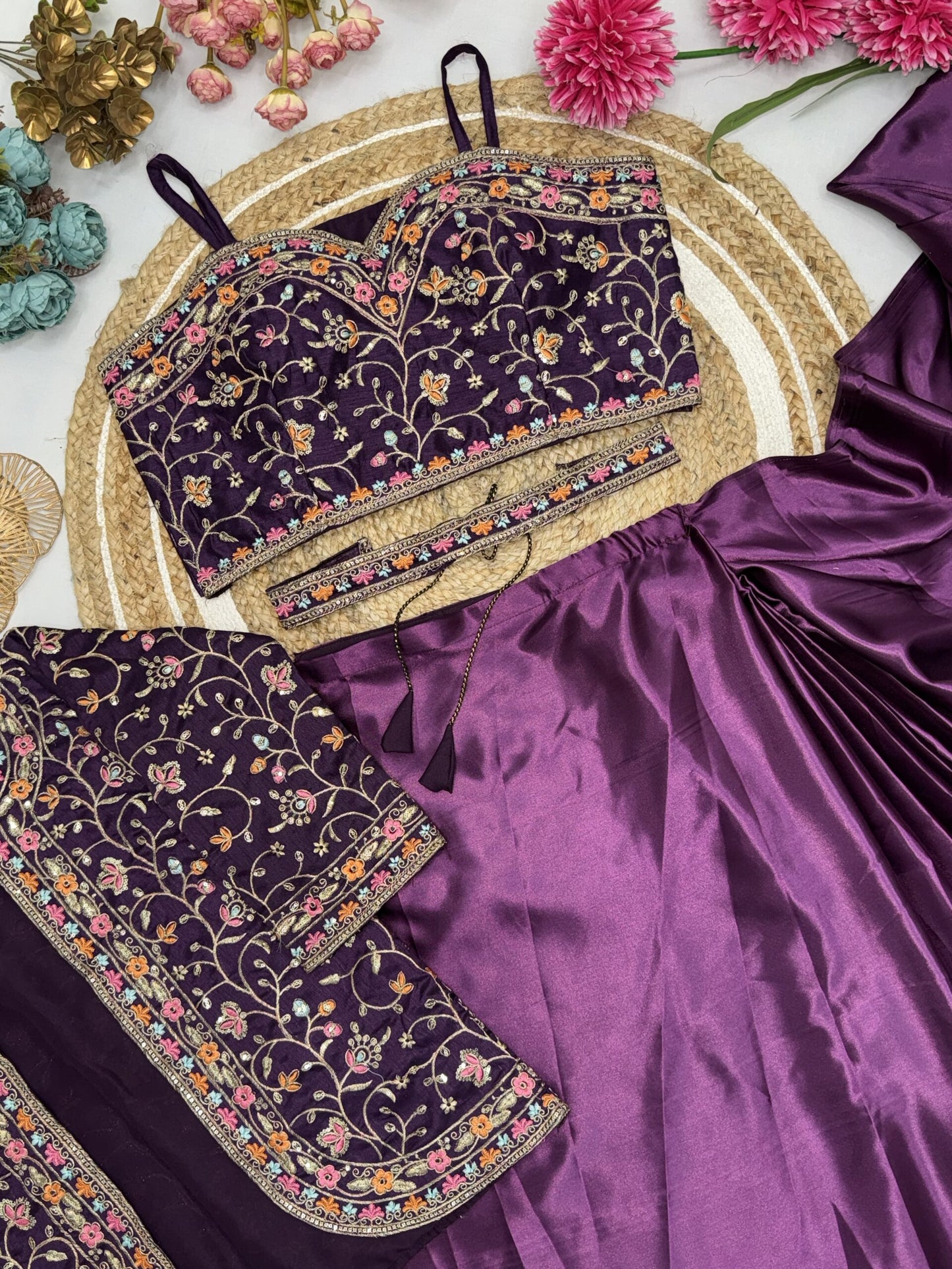 Unique Ready To Wear Satin Silk Saree Stitched Blouse & Koti (Purple)