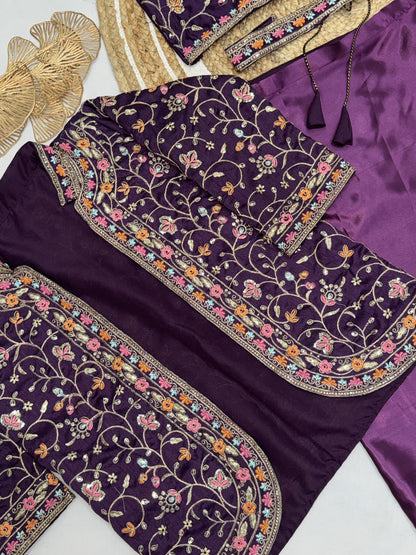 Unique Ready To Wear Satin Silk Saree Stitched Blouse & Koti (Purple)