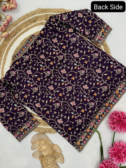 Unique Ready To Wear Satin Silk Saree Stitched Blouse & Koti (Purple)