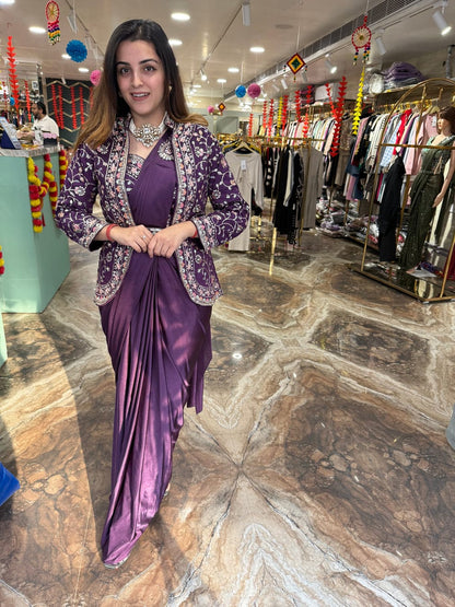 Unique Ready To Wear Satin Silk Saree Stitched Blouse & Koti (Purple)