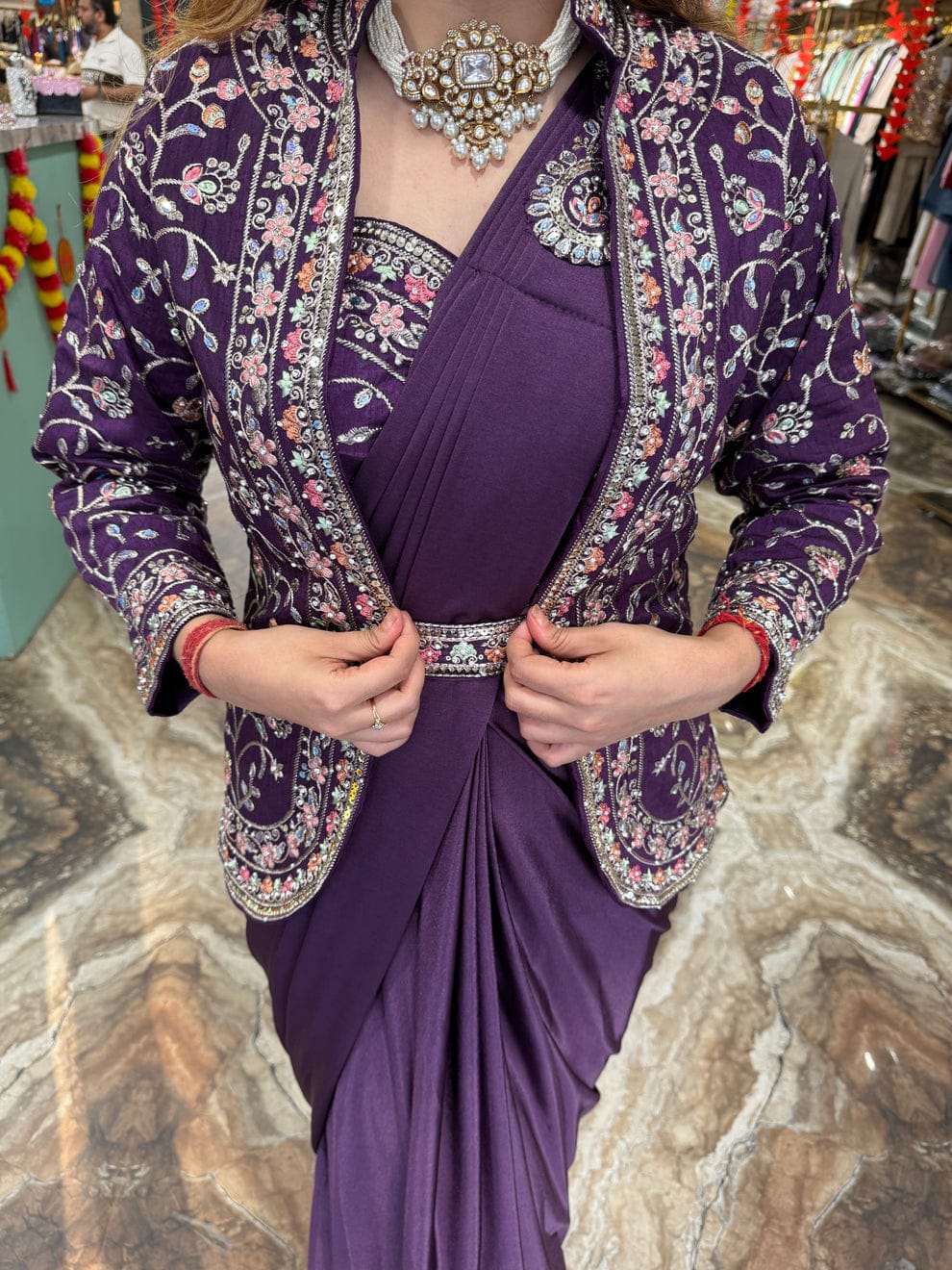 Unique Ready To Wear Satin Silk Saree Stitched Blouse & Koti (Purple)