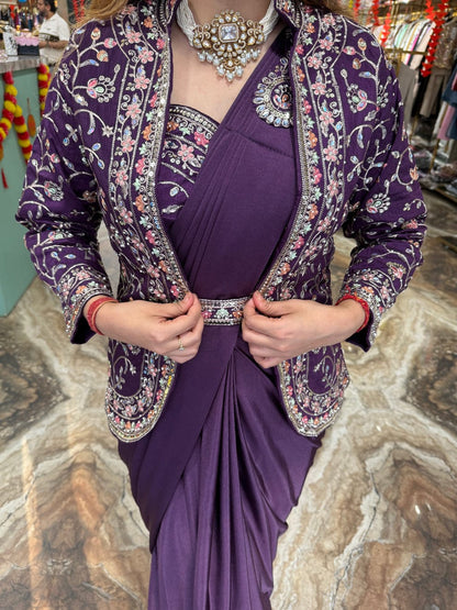 Unique Ready To Wear Satin Silk Saree Stitched Blouse & Koti (Purple)