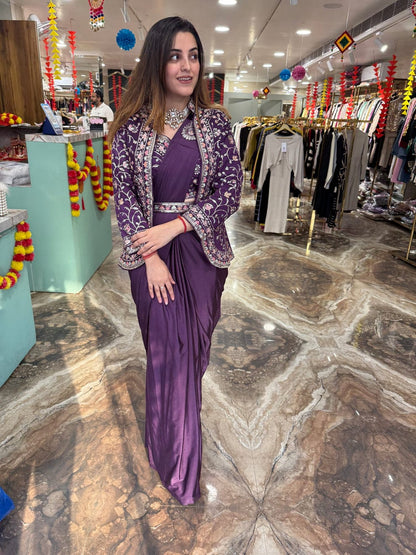 Unique Ready To Wear Satin Silk Saree Stitched Blouse & Koti (Purple)