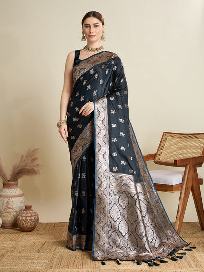 Designer Silk Saree with Rich Zari Weaving & Tassel Pallu (Black)