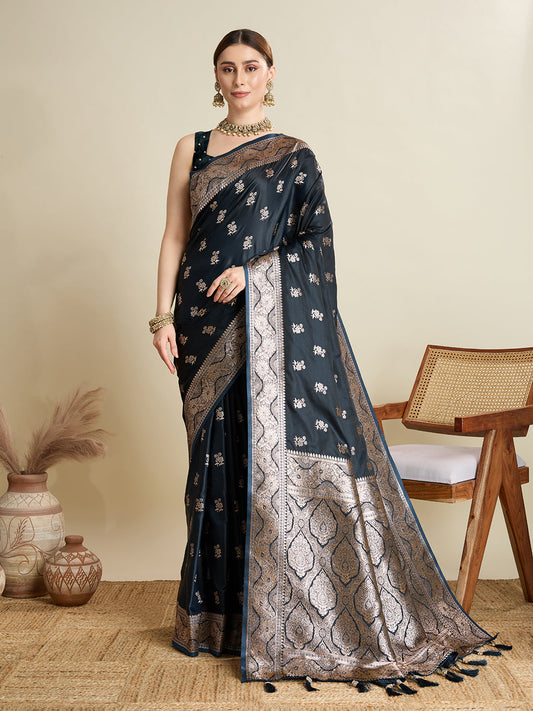 Designer Silk Saree with Rich Zari Weaving & Tassel Pallu (Black)