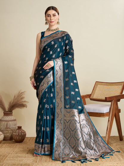 Designer Silk Saree with Rich Zari Weaving & Tassel Pallu (Teal)