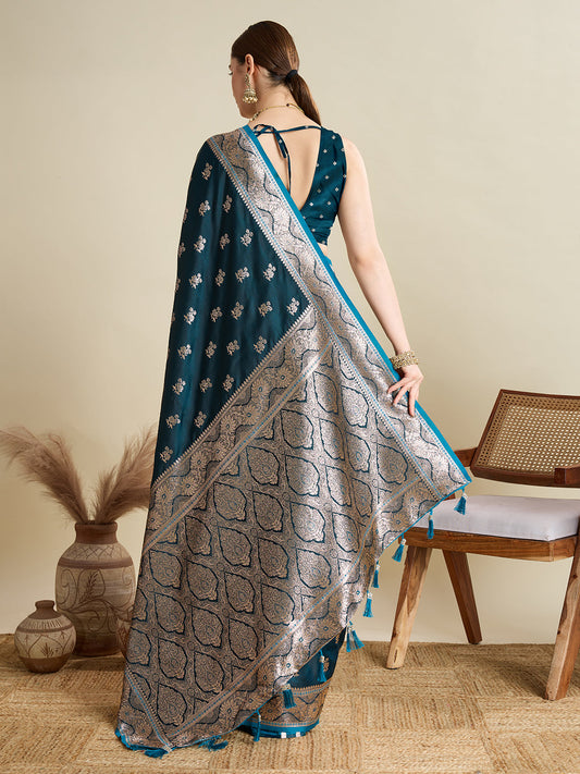 Designer Silk Saree with Rich Zari Weaving & Tassel Pallu (Teal)