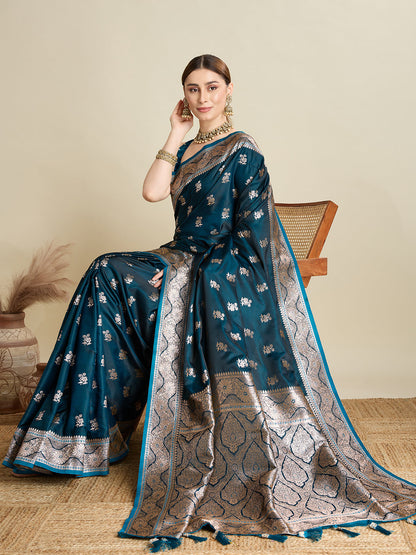 Designer Silk Saree with Rich Zari Weaving & Tassel Pallu (Teal)