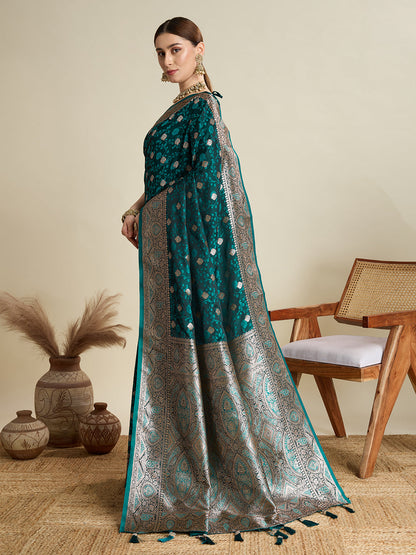 Rama Color Soft Silk Zari Weaving Saree with Designer Blouse