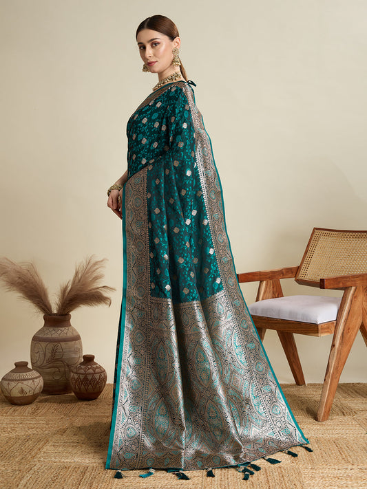 Rama Color Soft Silk Zari Weaving Saree with Designer Blouse