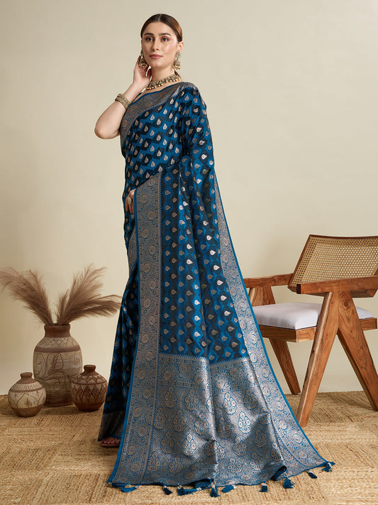 Blue Soft Silk Saree with Zari Weaving & Designer Blouse – Wedding & Party Wear
