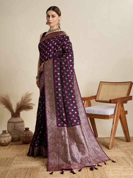 Magenta Soft Silk Saree with Zari Weaving & Designer Blouse – Wedding & Party Wear