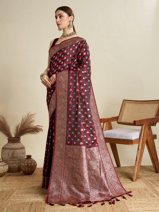 Maroon Soft Silk Saree with Zari Weaving & Designer Blouse – Wedding & Party Wear