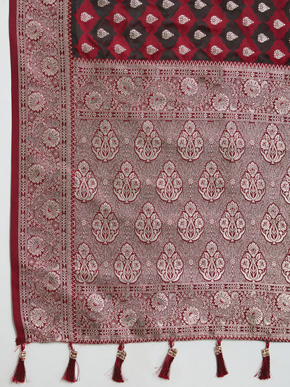 Maroon Soft Silk Saree with Zari Weaving & Designer Blouse – Wedding & Party Wear