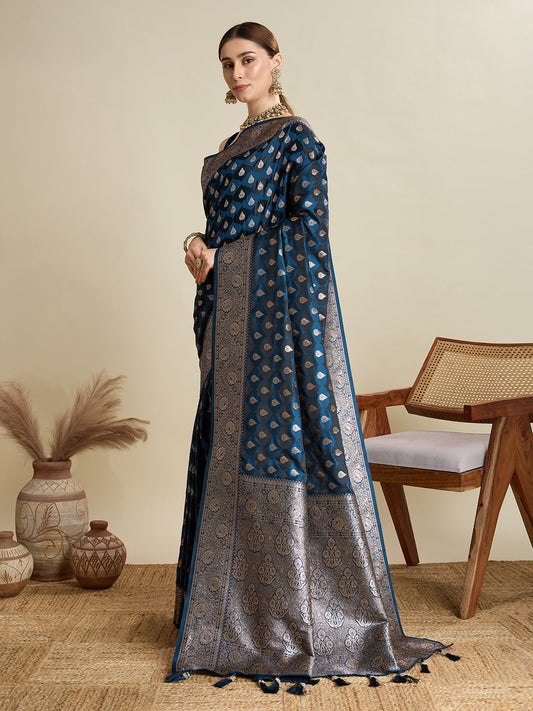 Teal Soft Silk Saree with Zari Weaving & Designer Blouse – Wedding & Party Wear