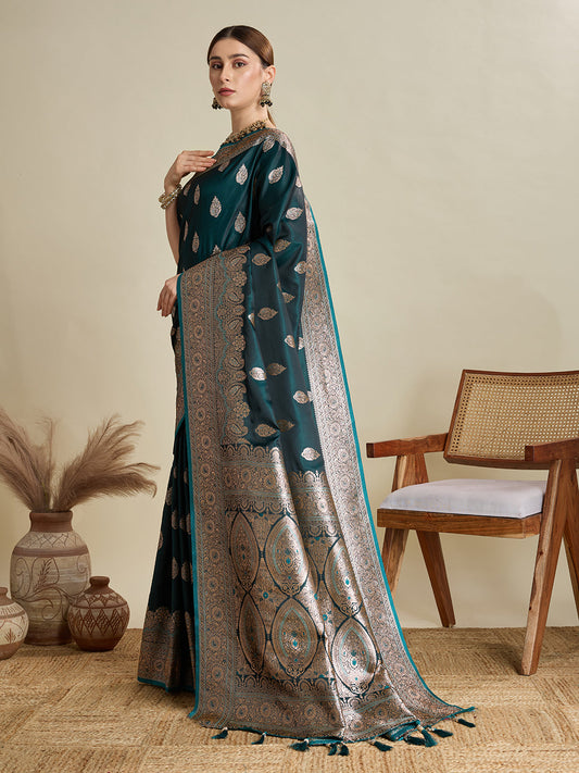Designer Silk Saree with Heavy Zari Weaving & Rich Pallu for Festive & Wedding Wear (Rama)
