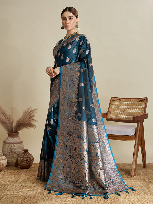 Designer Silk Saree with Heavy Zari Weaving & Rich Pallu for Festive & Wedding Wear (Teal)