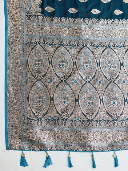 Designer Silk Saree with Heavy Zari Weaving & Rich Pallu for Festive & Wedding Wear (Teal)