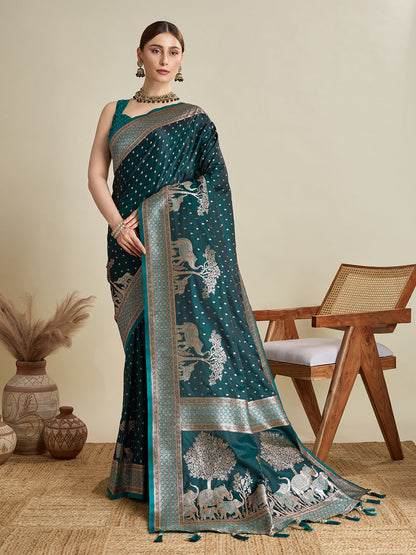 Rama Color Soft Silk Zari Weaving Saree for Wedding And Party