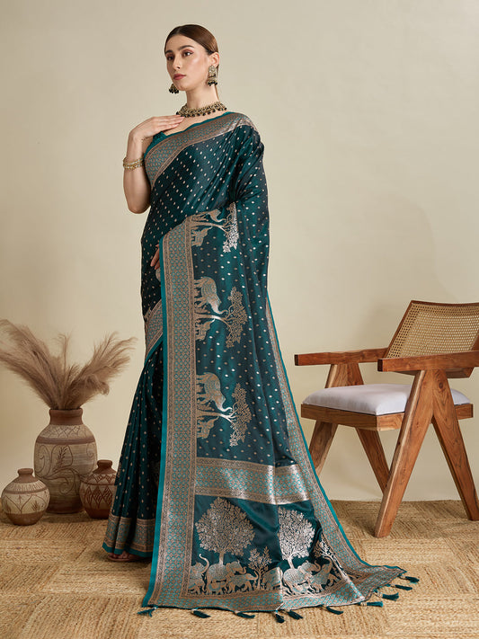 Rama Color Soft Silk Zari Weaving Saree for Wedding And Party