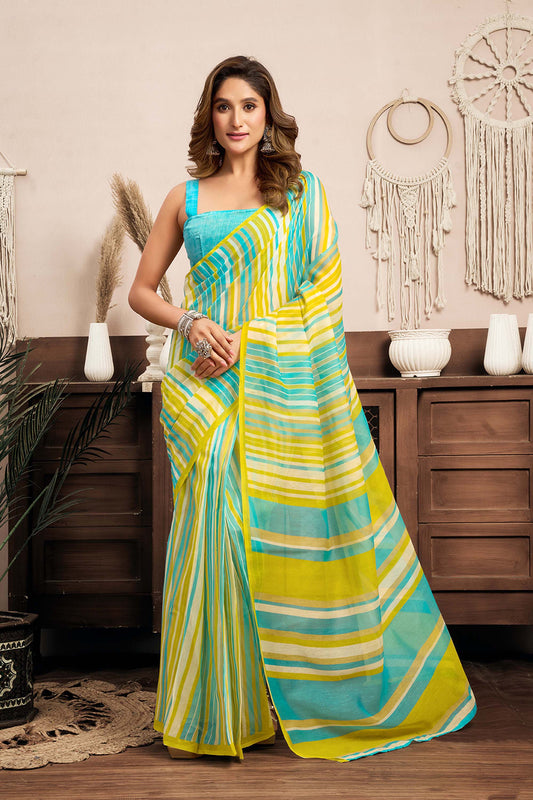 Ready-to-Wear Saree – Aqua Blue Linen with Pocket | Anarkalion