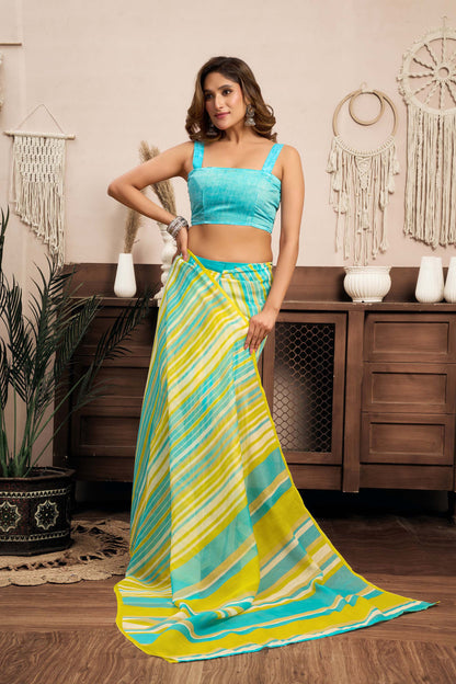 Ready-to-Wear Saree – Aqua Blue Linen with Pocket | Anarkalion