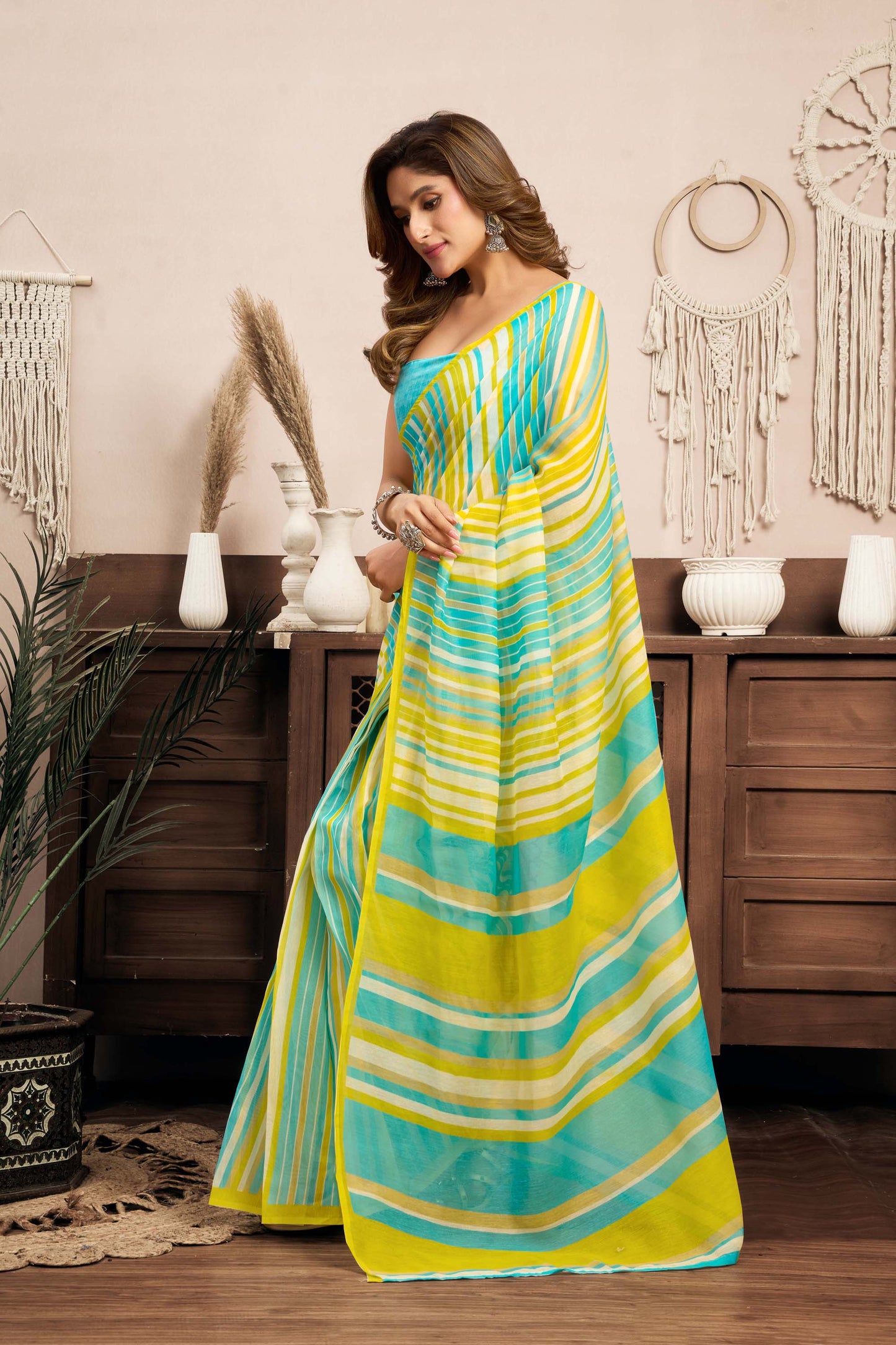 Ready-to-Wear Saree – Aqua Blue Linen with Pocket | Anarkalion