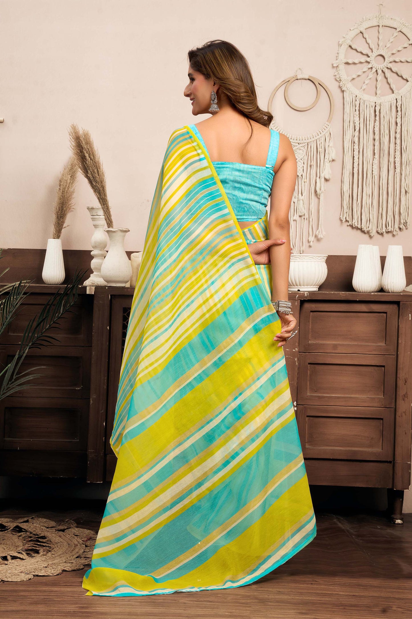 Ready-to-Wear Saree – Aqua Blue Linen with Pocket | Anarkalion