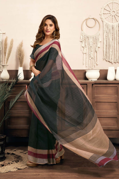 Ready-to-Wear Saree – Black Linen with Pocket | Anarkalion