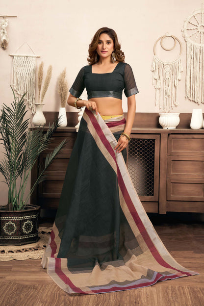 Ready-to-Wear Saree – Black Linen with Pocket | Anarkalion