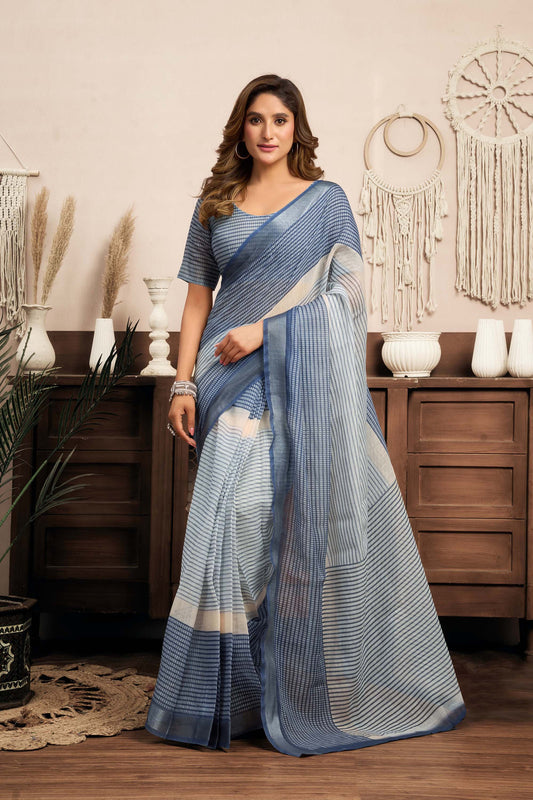 Ready-to-Wear Saree – Blue Linen with Pocket | Anarkalion