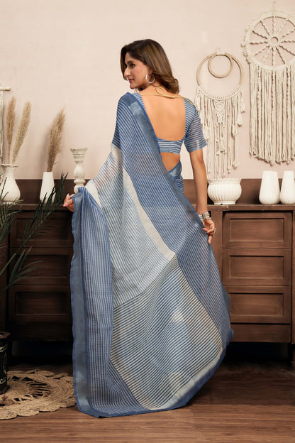 Ready-to-Wear Saree – Blue Linen with Pocket | Anarkalion