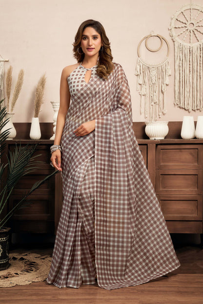 Ready-to-Wear Saree – Brown Linen with Pocket | Anarkalion