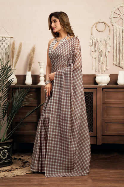 Ready-to-Wear Saree – Brown Linen with Pocket | Anarkalion