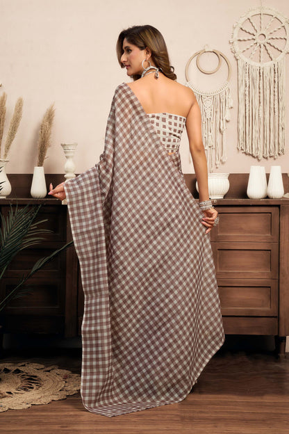 Ready-to-Wear Saree – Brown Linen with Pocket | Anarkalion