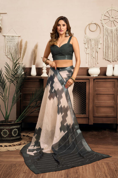 Ready-to-Wear Saree – Cream Linen with Pocket | Anarkalion