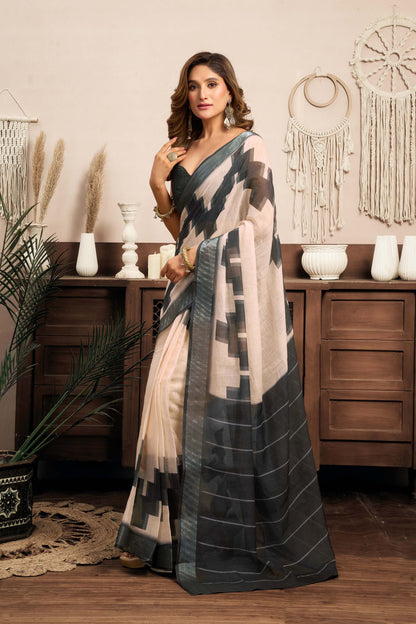 Ready-to-Wear Saree – Cream Linen with Pocket | Anarkalion
